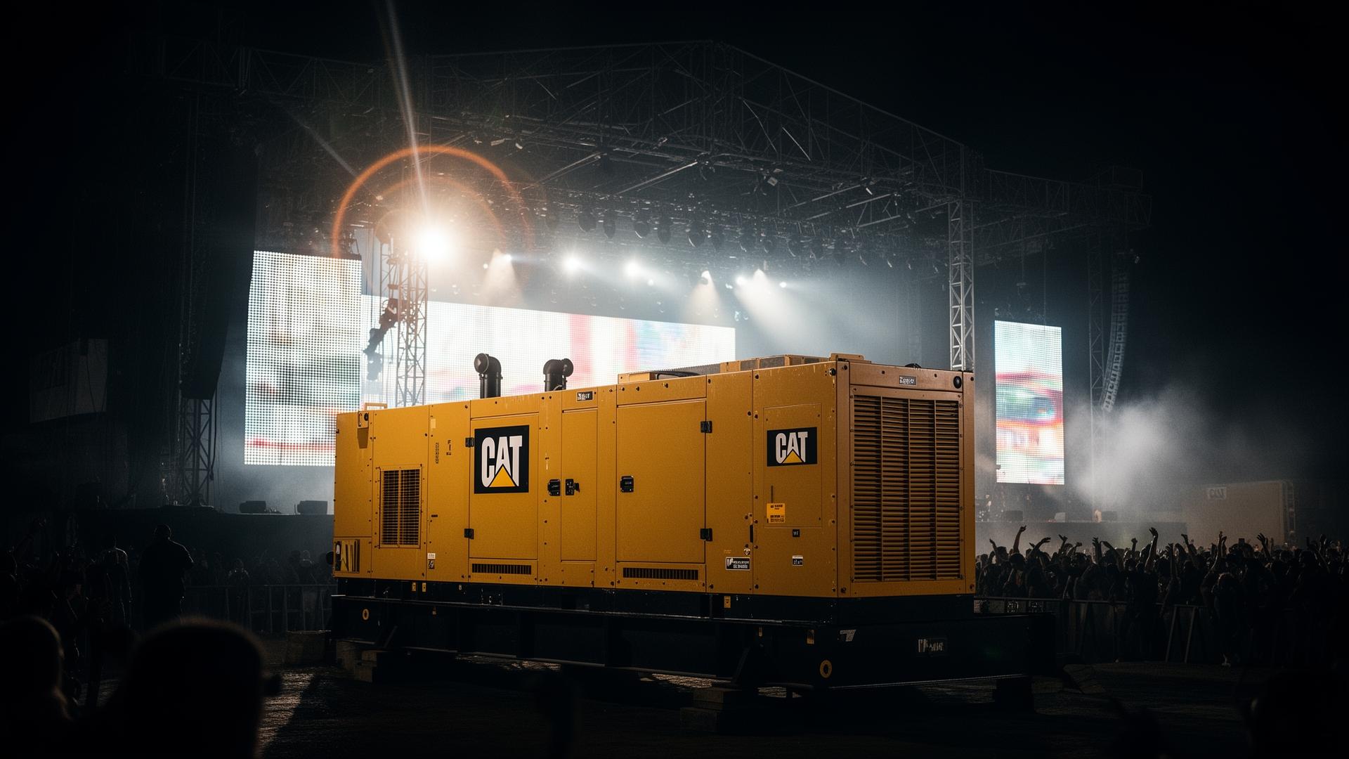 CAT diesel generator powering a large outdoor concert stage at night